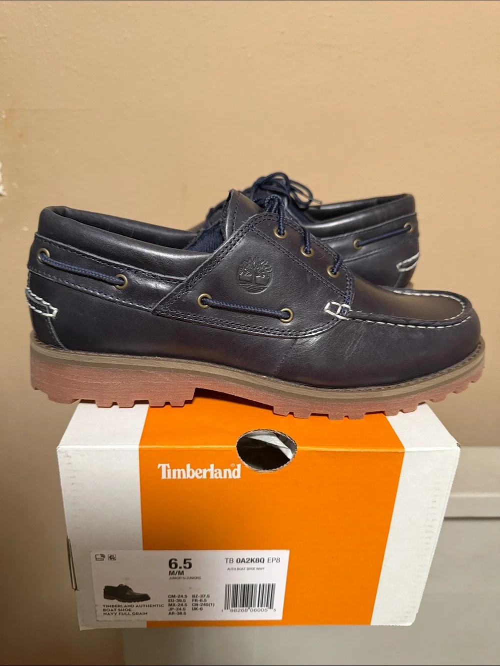 Timberland Navy Leather Lug-Soled Boat Shoes with Brown Outsole